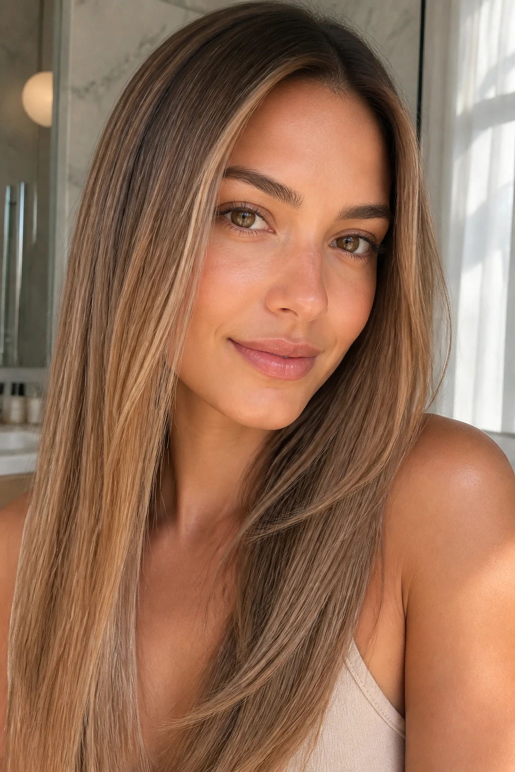 Close-up of vanilla latte brunette hair on a real woman