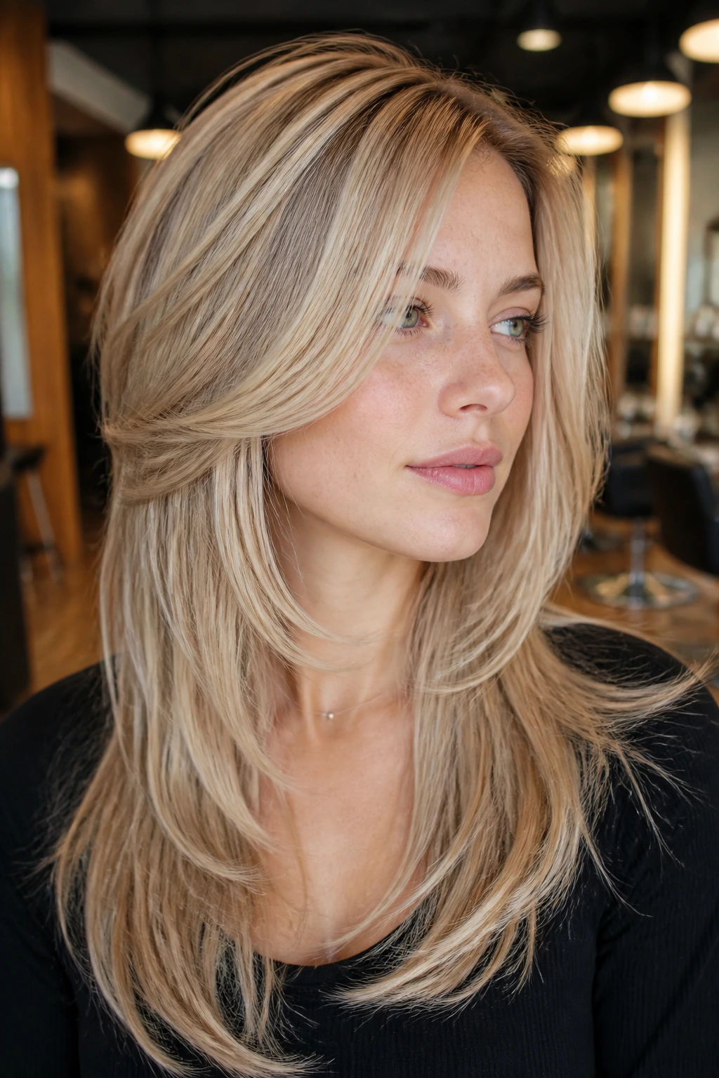 Close-up of a real woman with vanilla latte platinum layered hair.