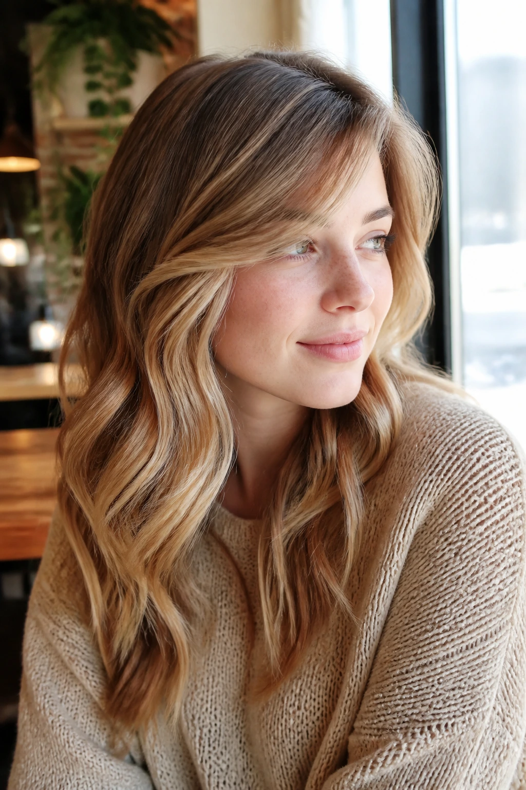 Portrait of a woman with vanilla latte ribbons in dark blonde and a light side sweep