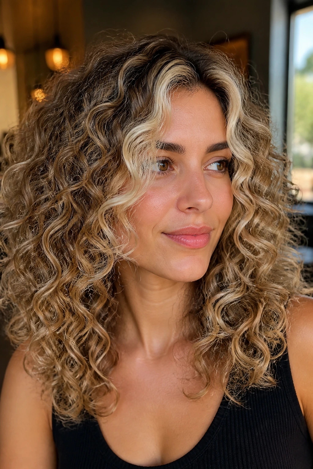 Close-up of a real person with curly hair showing a vanilla money piece and scattered babylights.