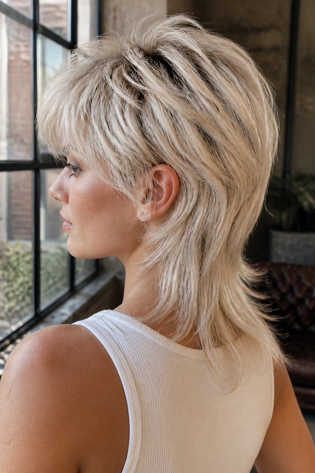 Close-up of a real woman with a cool vanilla mullet hairstyle.