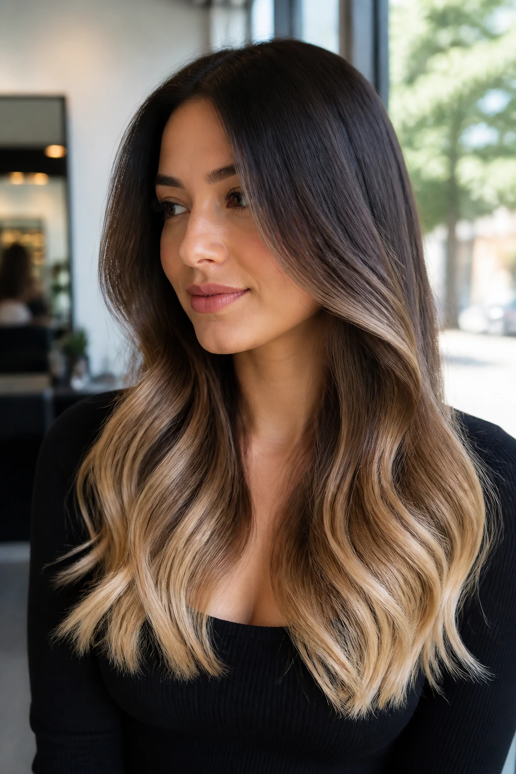 Close-up of brunette with vanilla ombré ends and polished finish