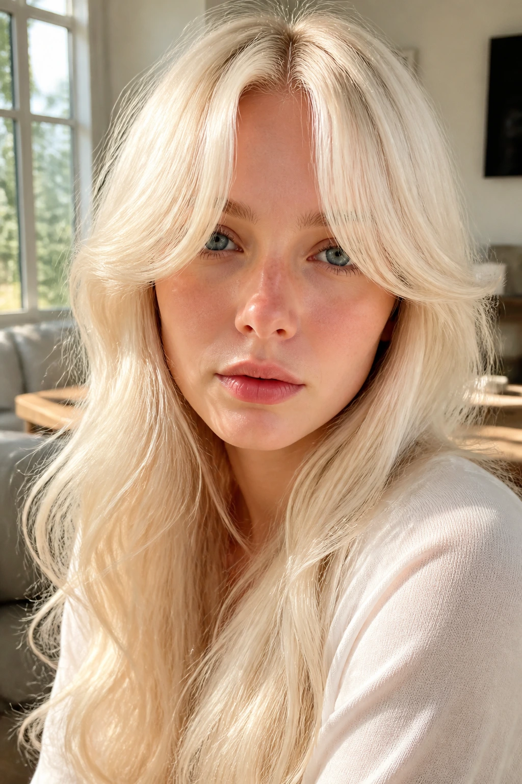 Pale-skinned model with vanilla platinum hair and curtain bangs