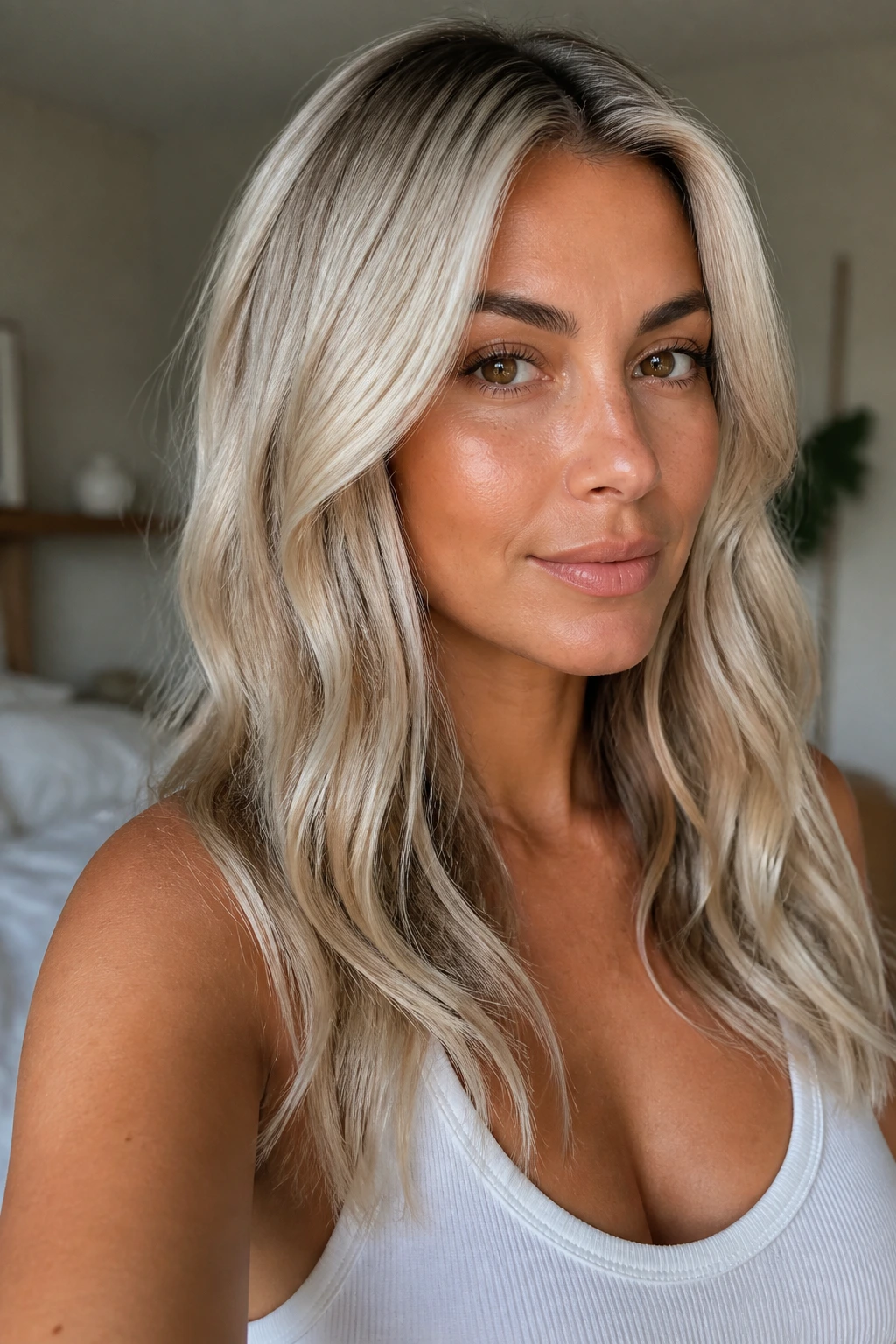 Close-up of a real person with vanilla platinum dimension hairstyle
