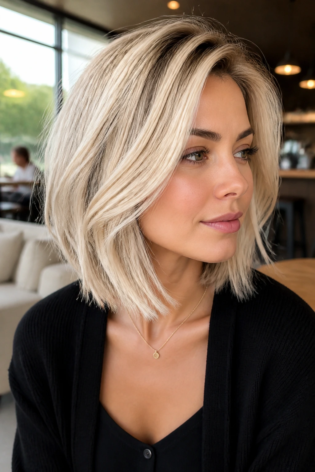 Close-up of brunette woman with vanilla-platinum lob
