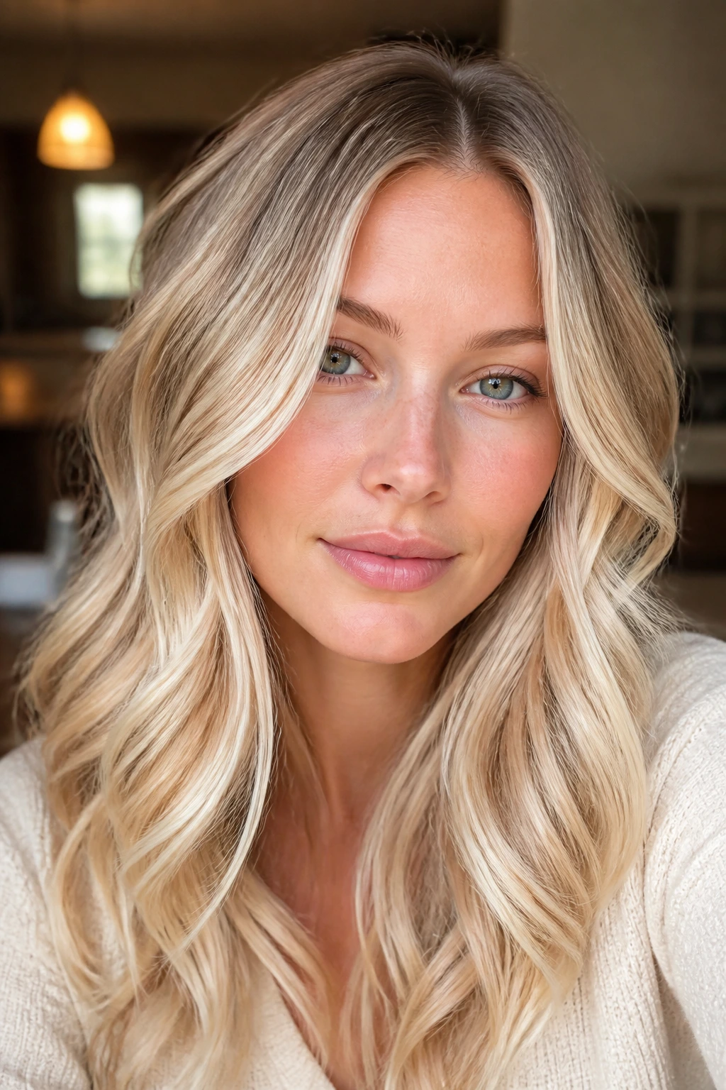 Close-up of real woman with vanilla ribbon champagne highlights in hair