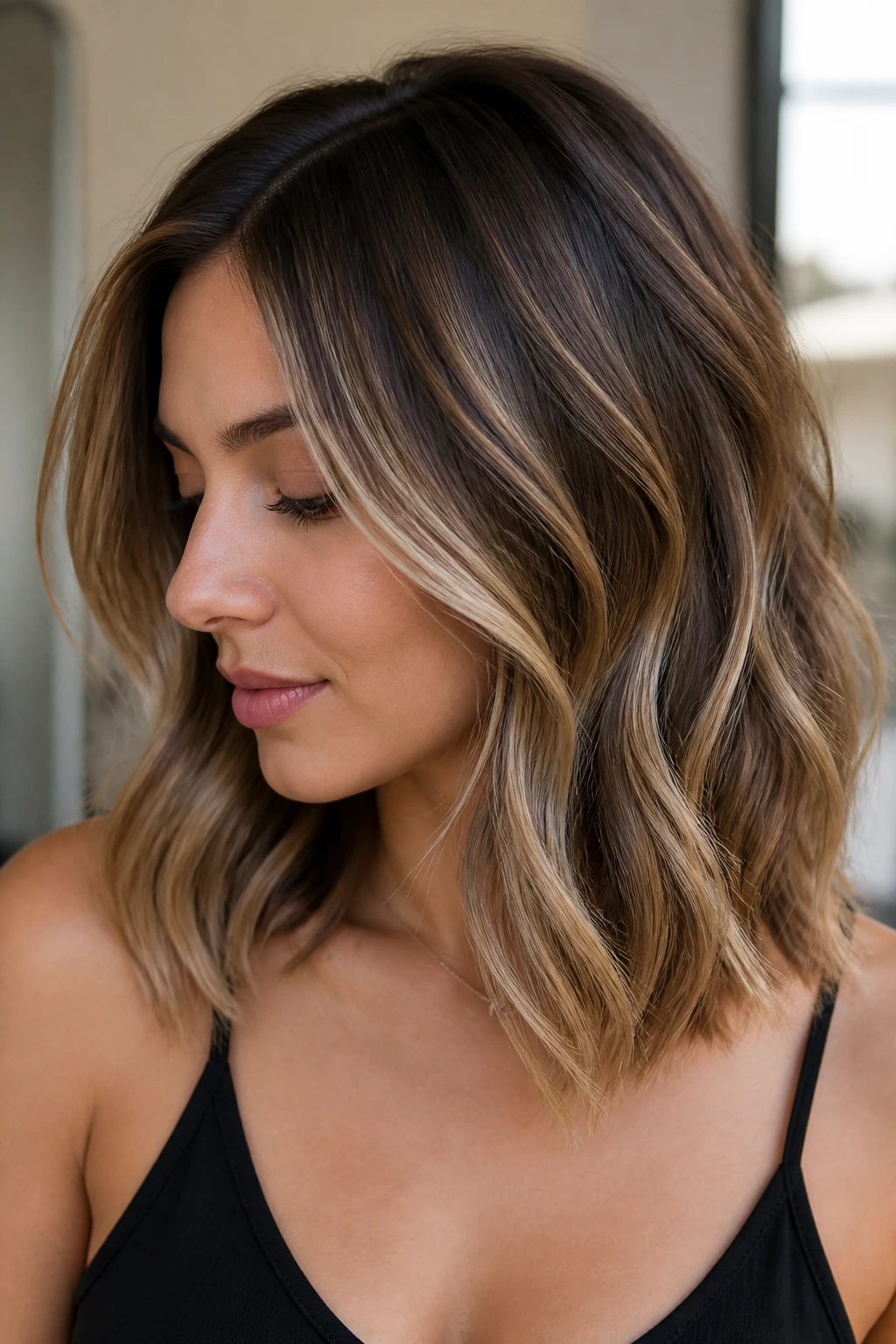 Lob hairstyle with vanilla chip ribbon lights
