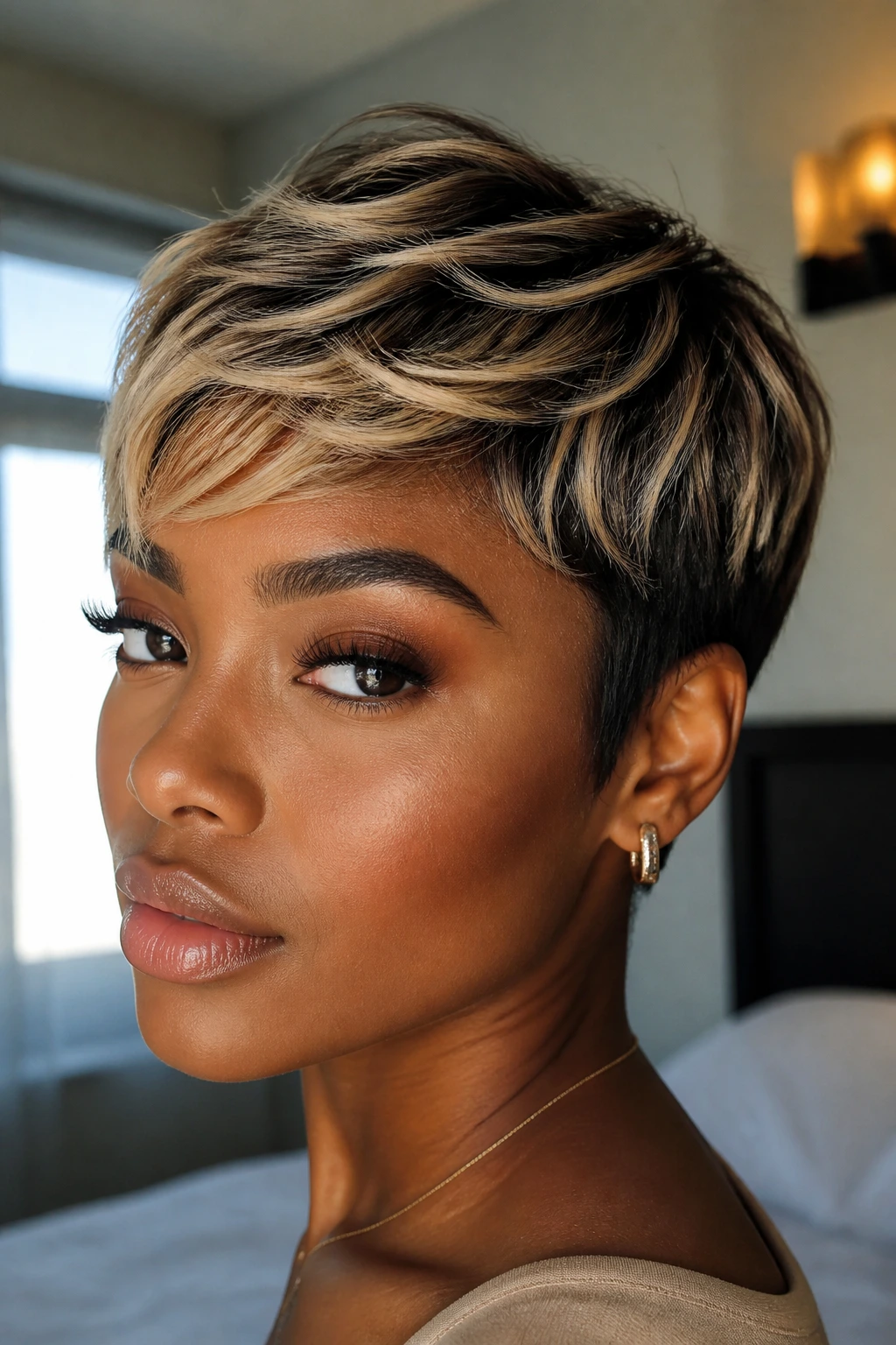 Close-up of pixie cut with thin vanilla ribbon lights on top