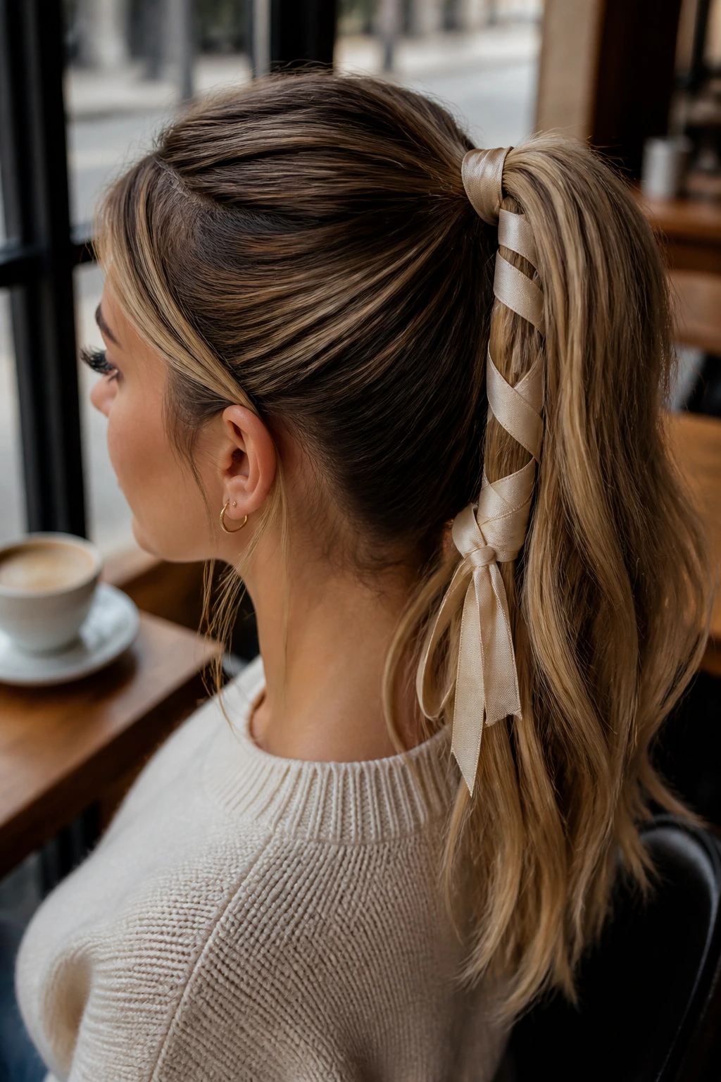 Close-up of a woman with a dark high ponytail threaded with vanilla ribbon under warm window light