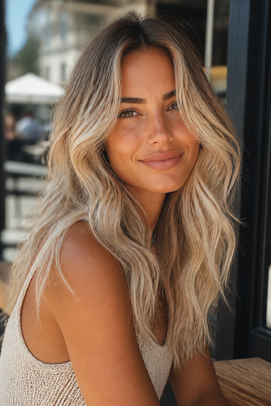 Portrait of a real woman with vanilla-root melt waves and airy ends on tan skin