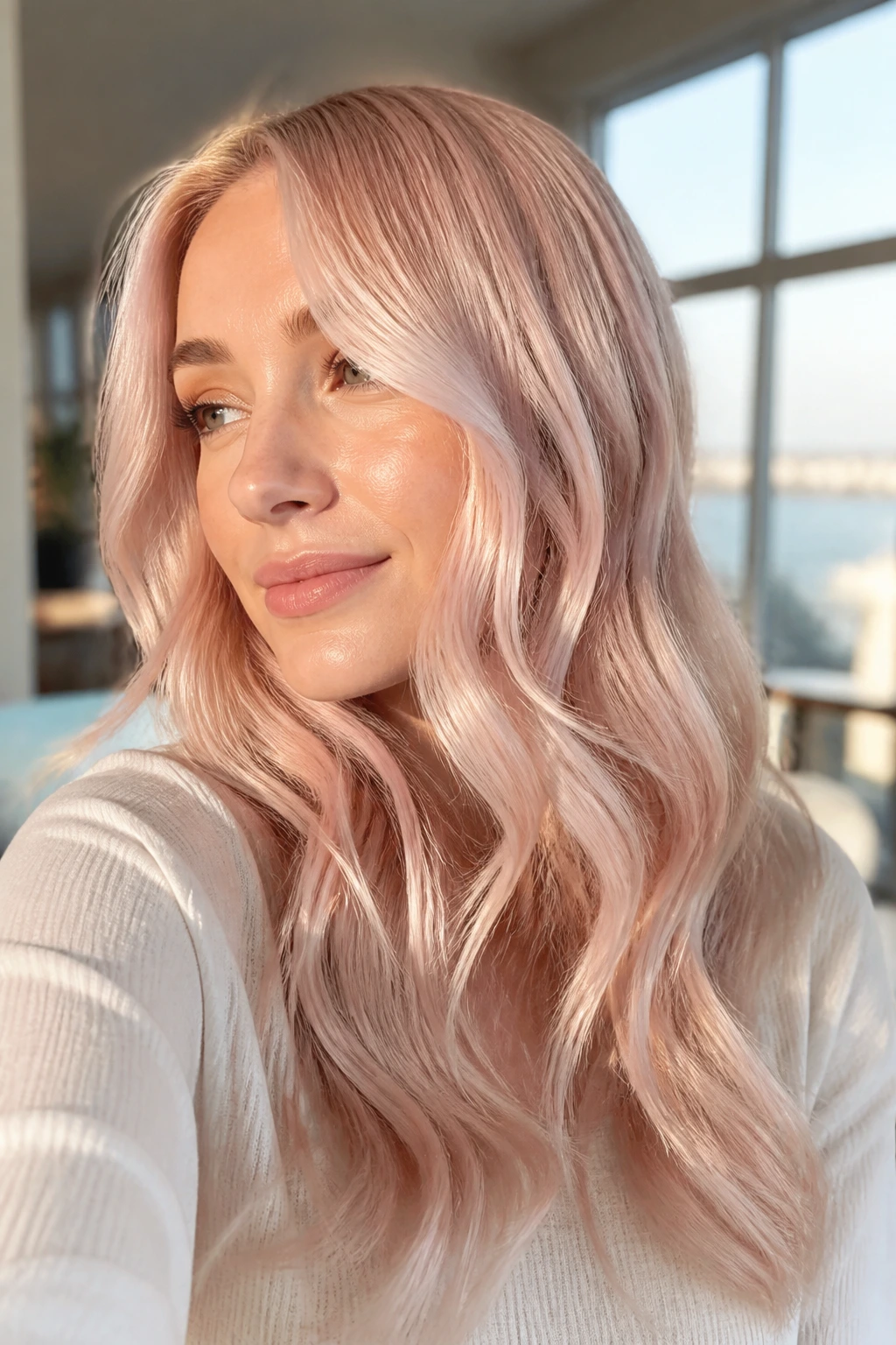 Close-up portrait of vanilla rose waves on a real woman