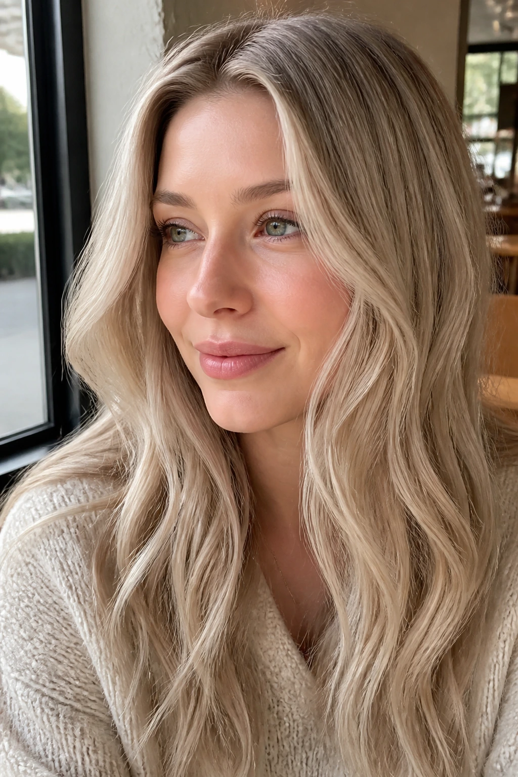 Portrait of a woman with vanilla sand blonde hair and pale skin in bright cafe light