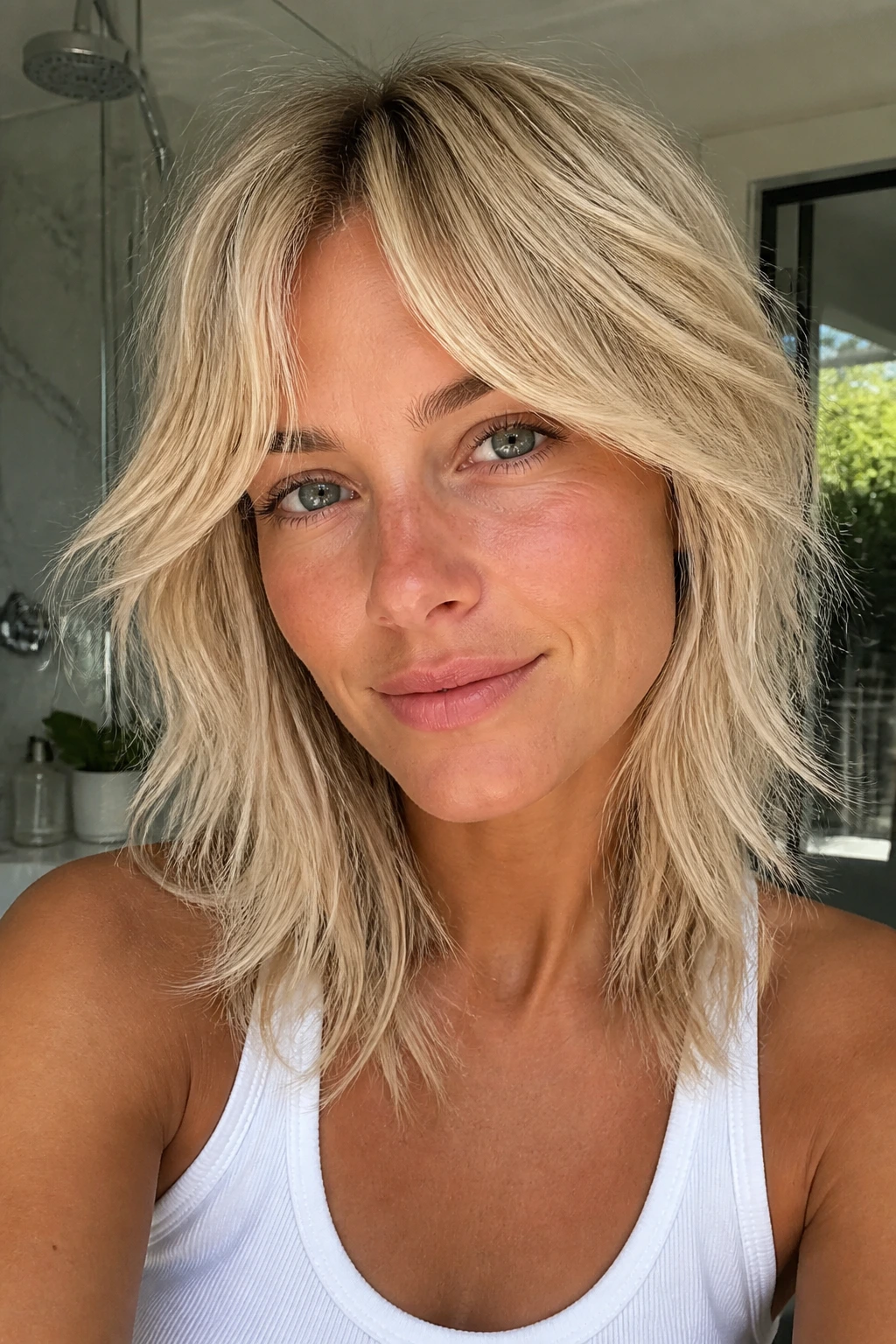 Close-up portrait of a real woman with vanilla soft shag hairstyle