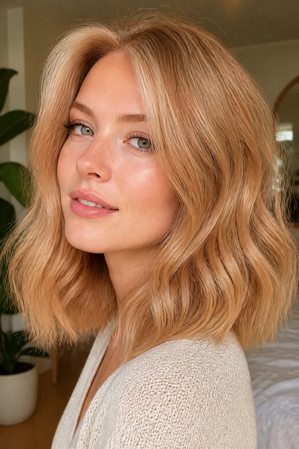 Portrait of a real woman with toasted vanilla strawberry blonde in warm window light.