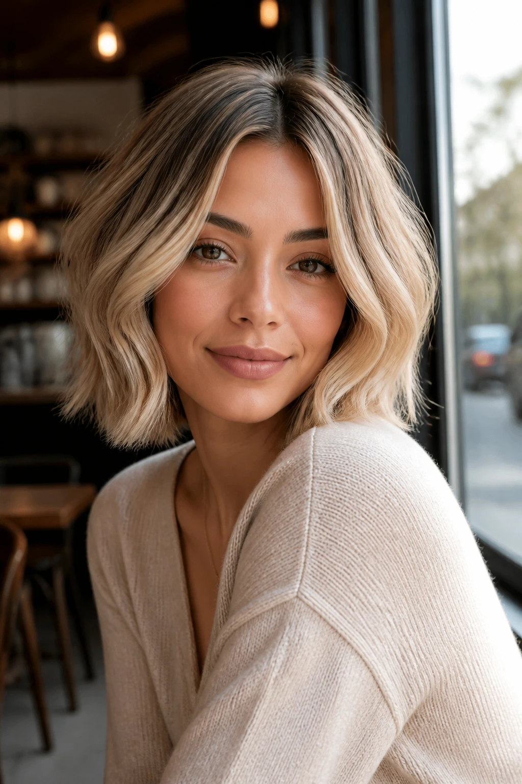 Close-up portrait of a real person with Vanilla Swirl Textured Bob, center-parted undone waves in soft daylight