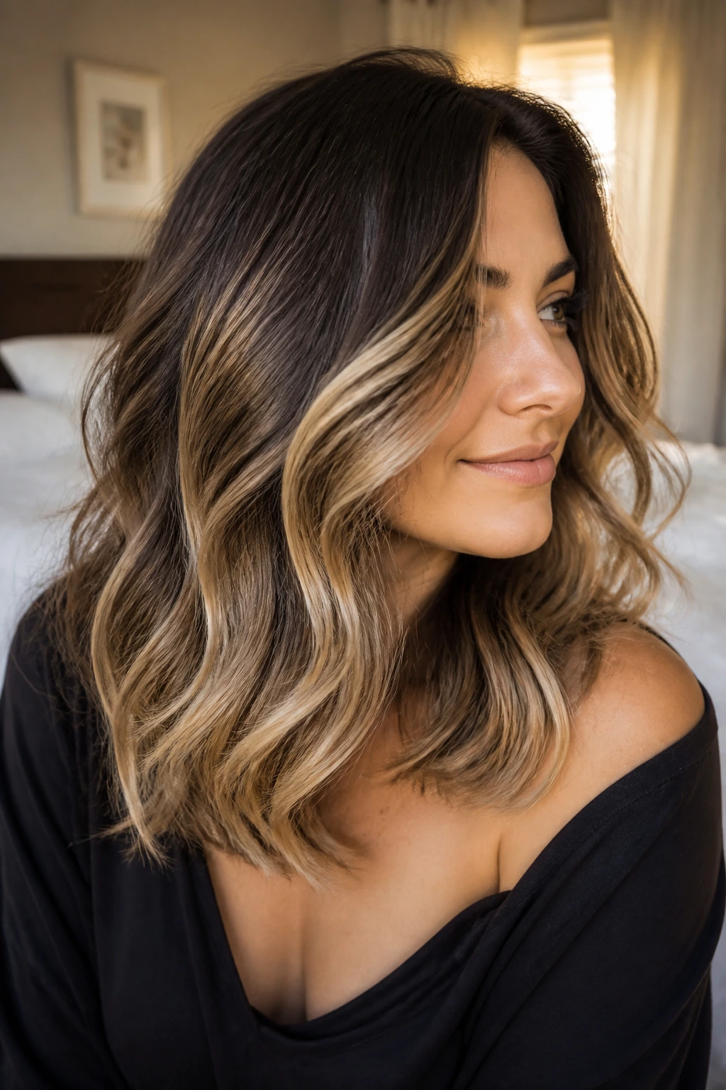 Close-up of brunette with Vanilla Swirl Waves showing woven blonde through mid-lengths in soft waves.