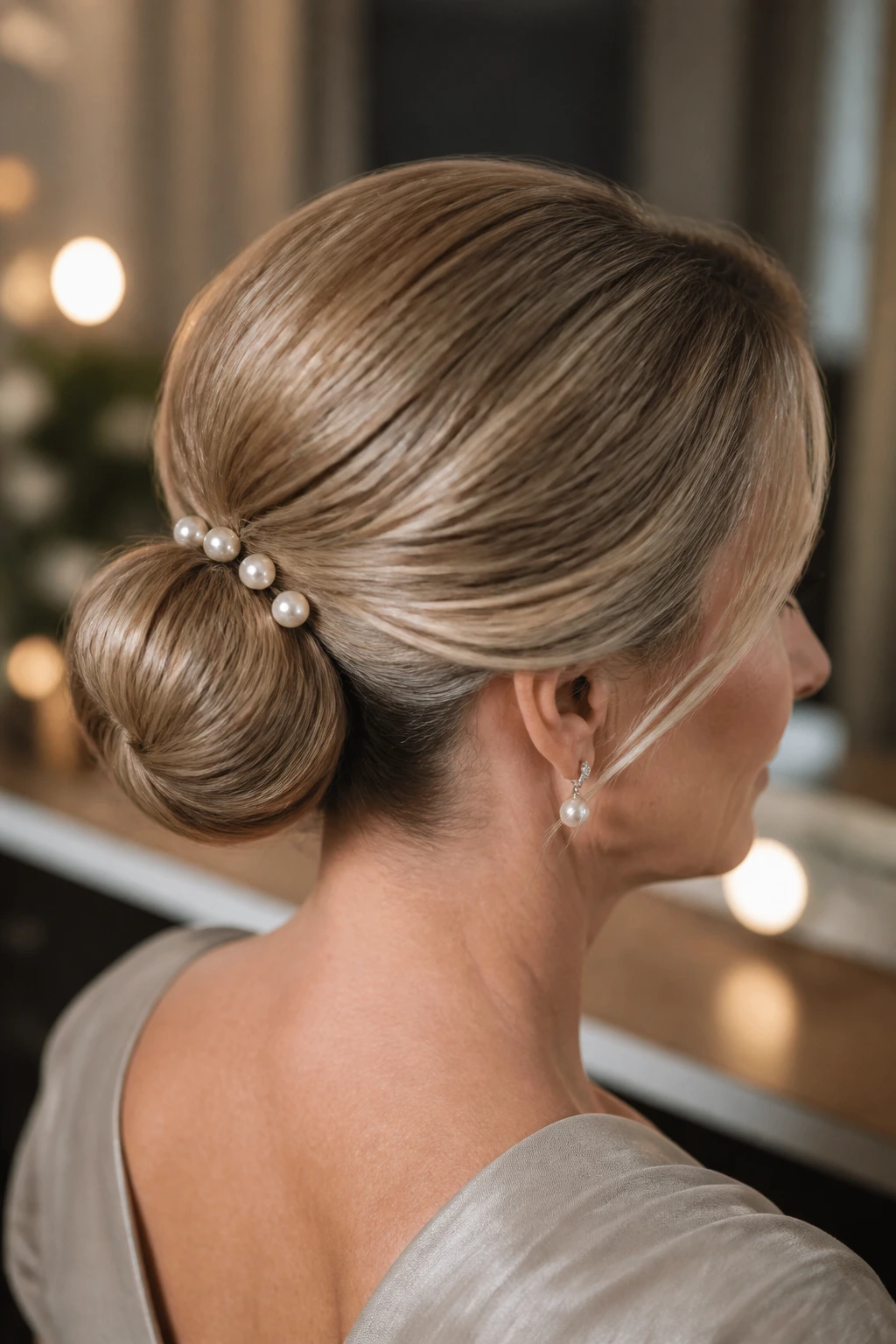 Portrait of a real woman with a pearl pin accented low bun in a soft salon setting