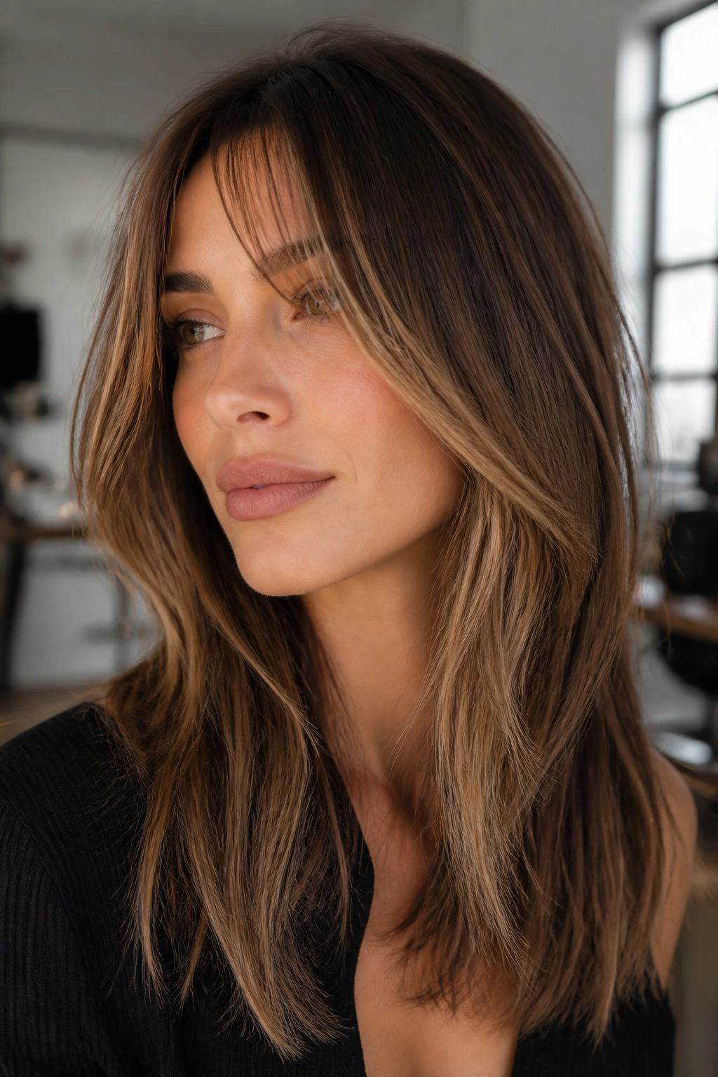 Close-up of a woman with a long fringe and highlighted money piece showing a barely-there frame.