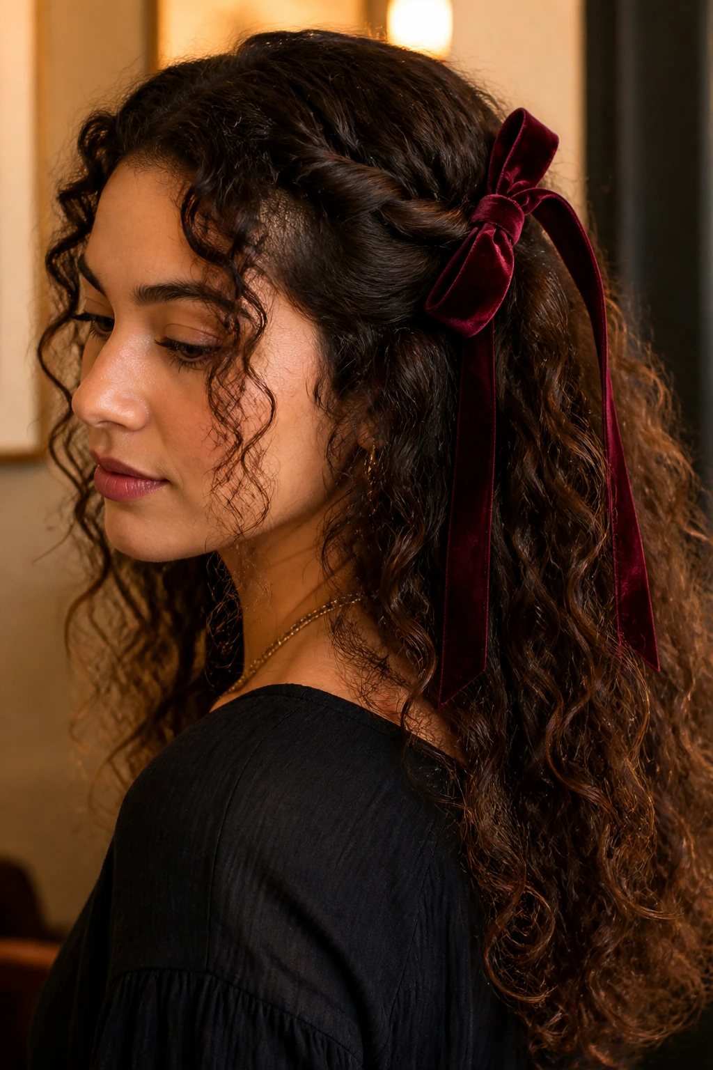 Portrait of a real person with curly hair styled in variation with a velvet bow