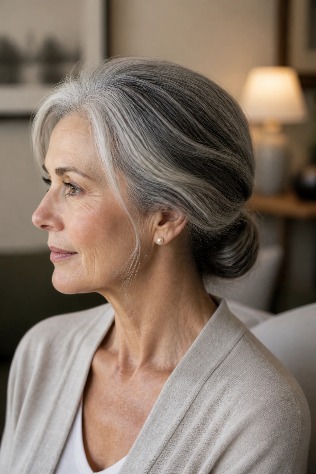 Portrait of a real woman with thick hair styled in a low twist at the nape