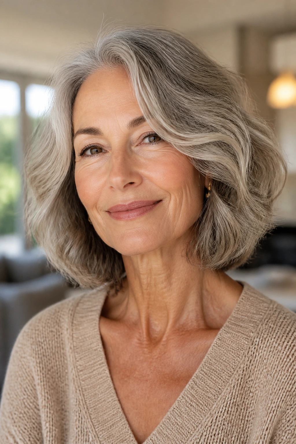 Close-up of an older woman with shoulder-length wavy bob showing variations in shape and shine