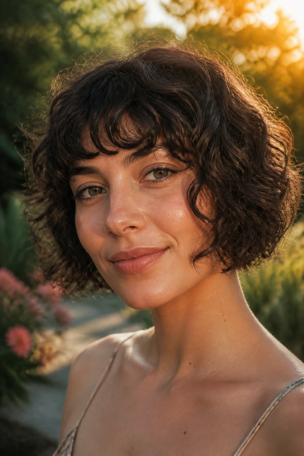 Portrait of a person with curly short bob and bangs in natural outdoor light
