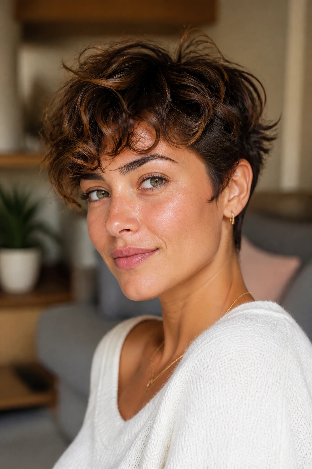 Close-up of versatile short haircut with subtle curl or wave