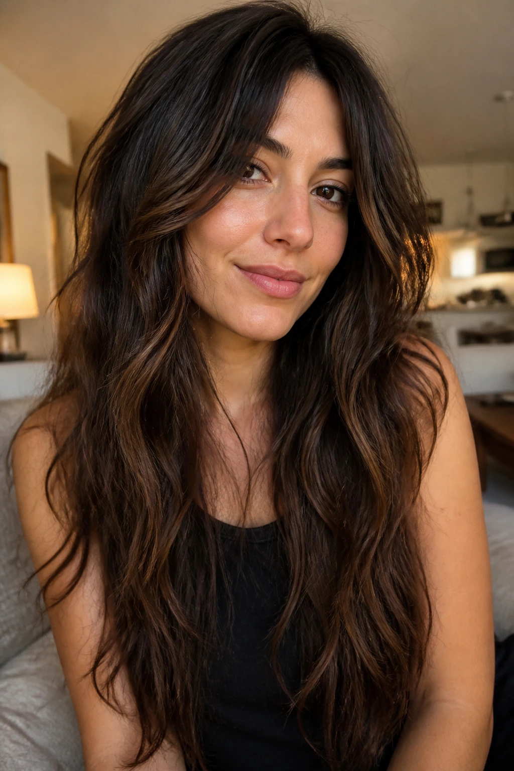 Portrait of real woman with long layered hair in an air-dry soft shape