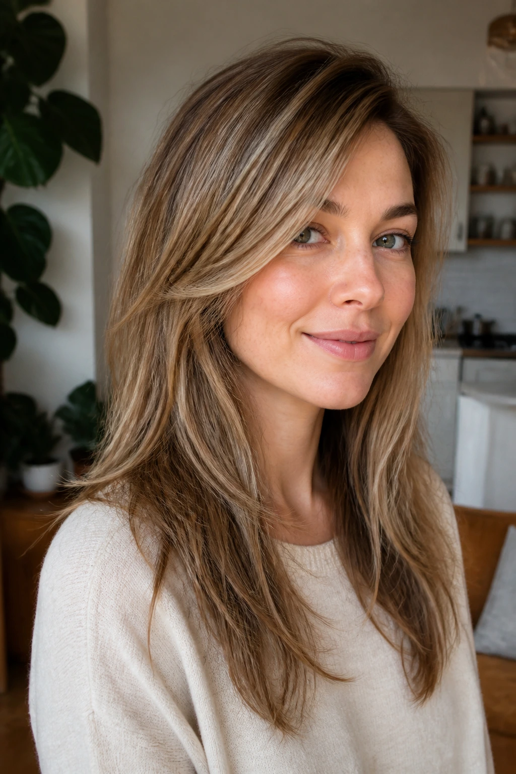Real woman showcasing variation with side part and soft, textured long layers.