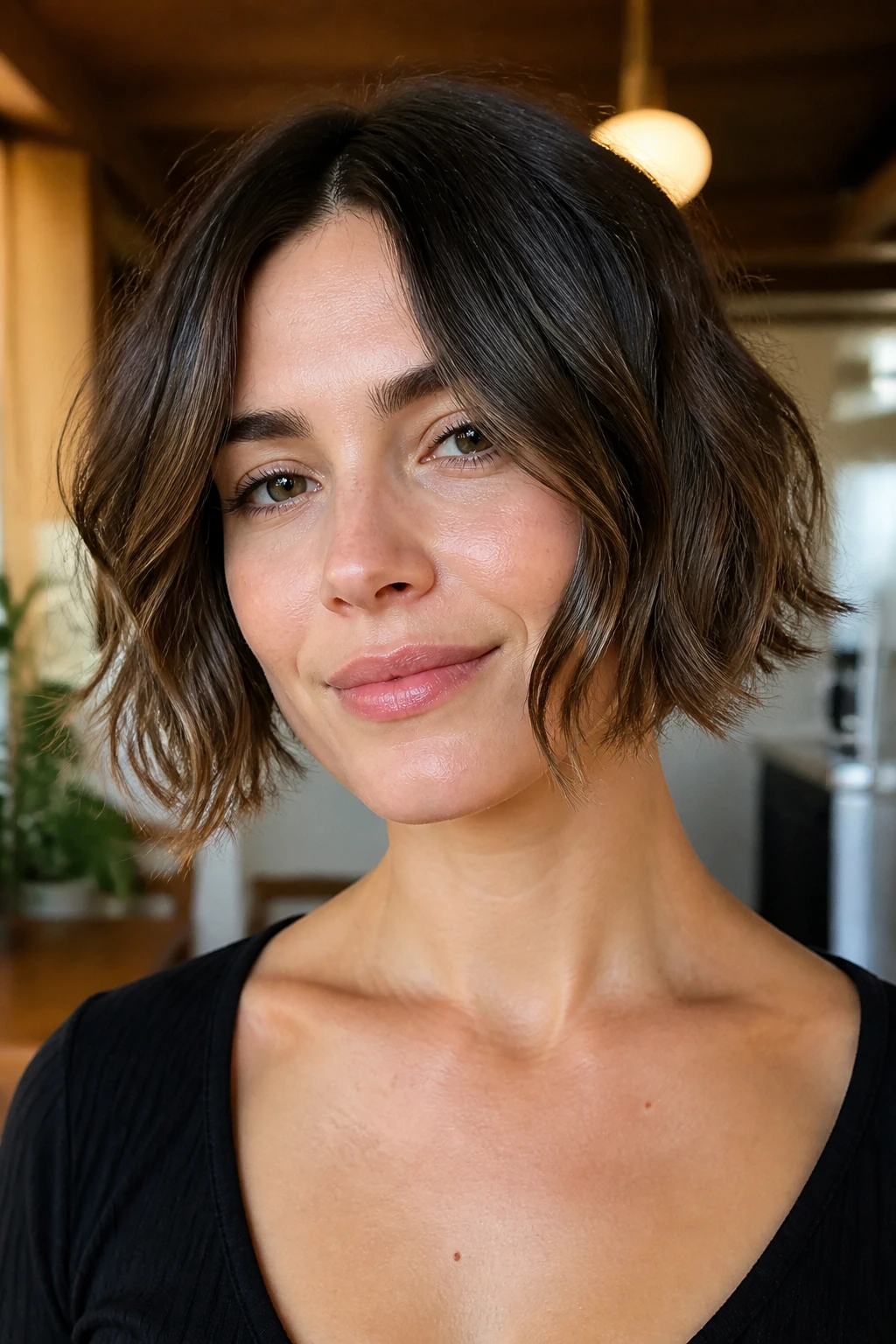 Portrait showing front corner variation in a chin-length wavy bob