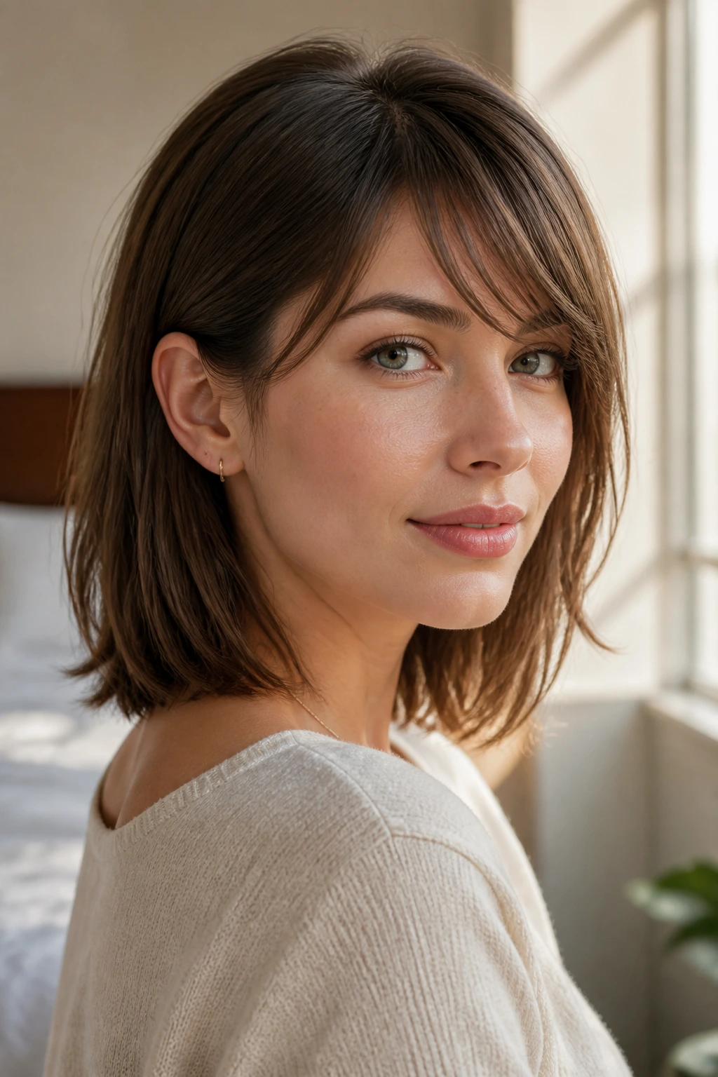 Close-up of a real woman with a soft sweep angled bang variation