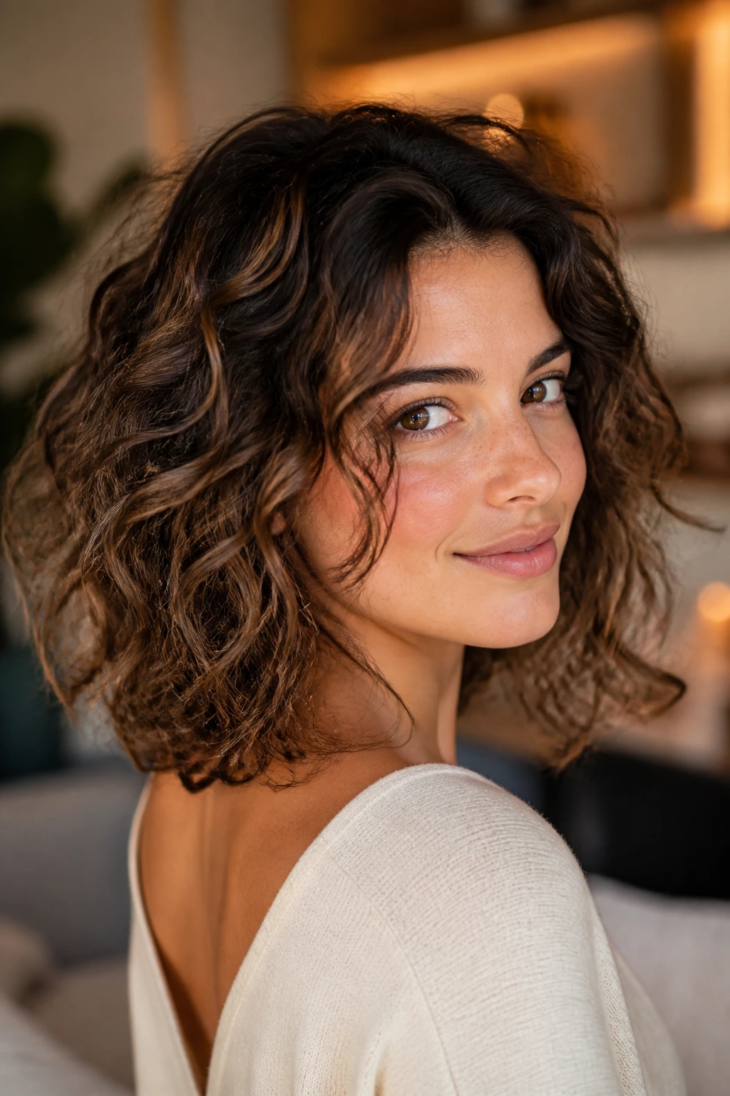 Real woman with subtle variations in angled shoulder-length curls showing different lengths and layers