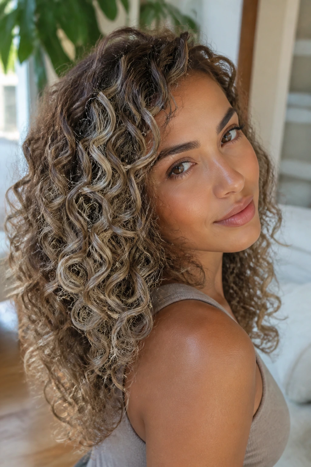 Close-up of a real woman showing multiple ash-blonde variations in curly hair