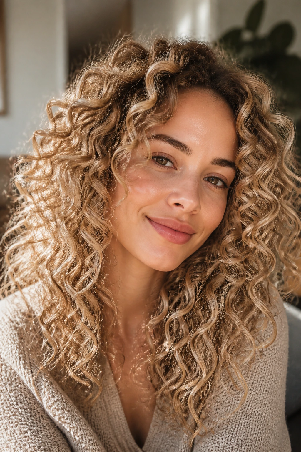 Close-up of curly hair with varied beige to champagne babylights