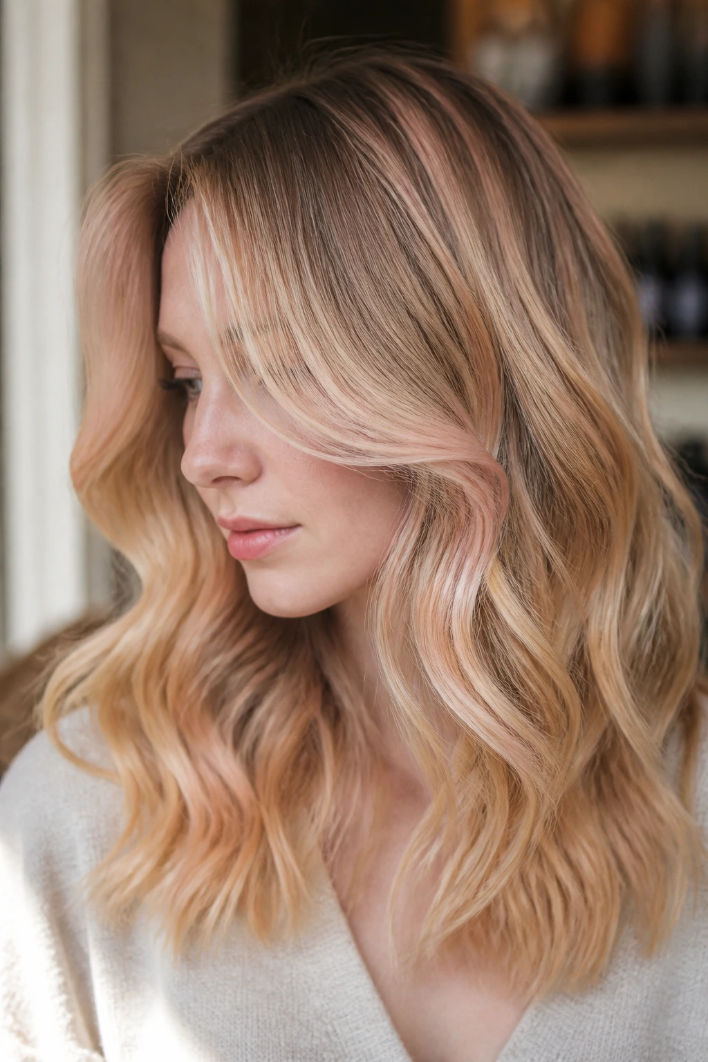 Real person with multi tone honey balayage including beige and peach tones