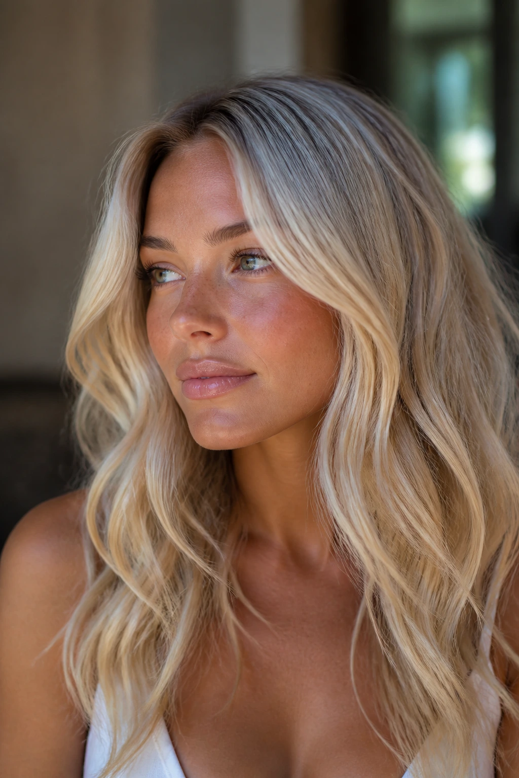 Portrait of a person with two-tone Nordic blonde hair gradient