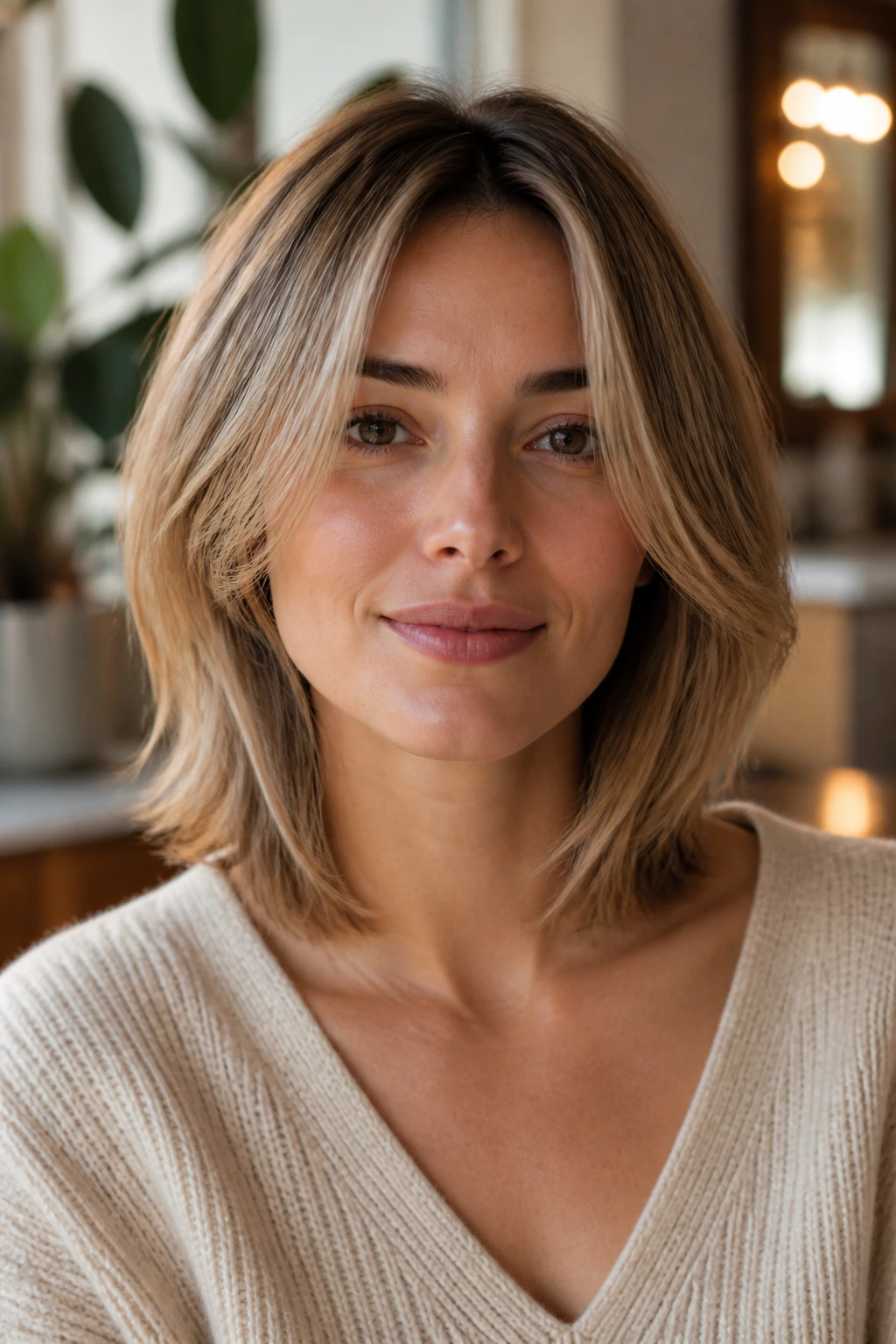Portrait of a woman with softly layered mid-length hair and clear perimeter.