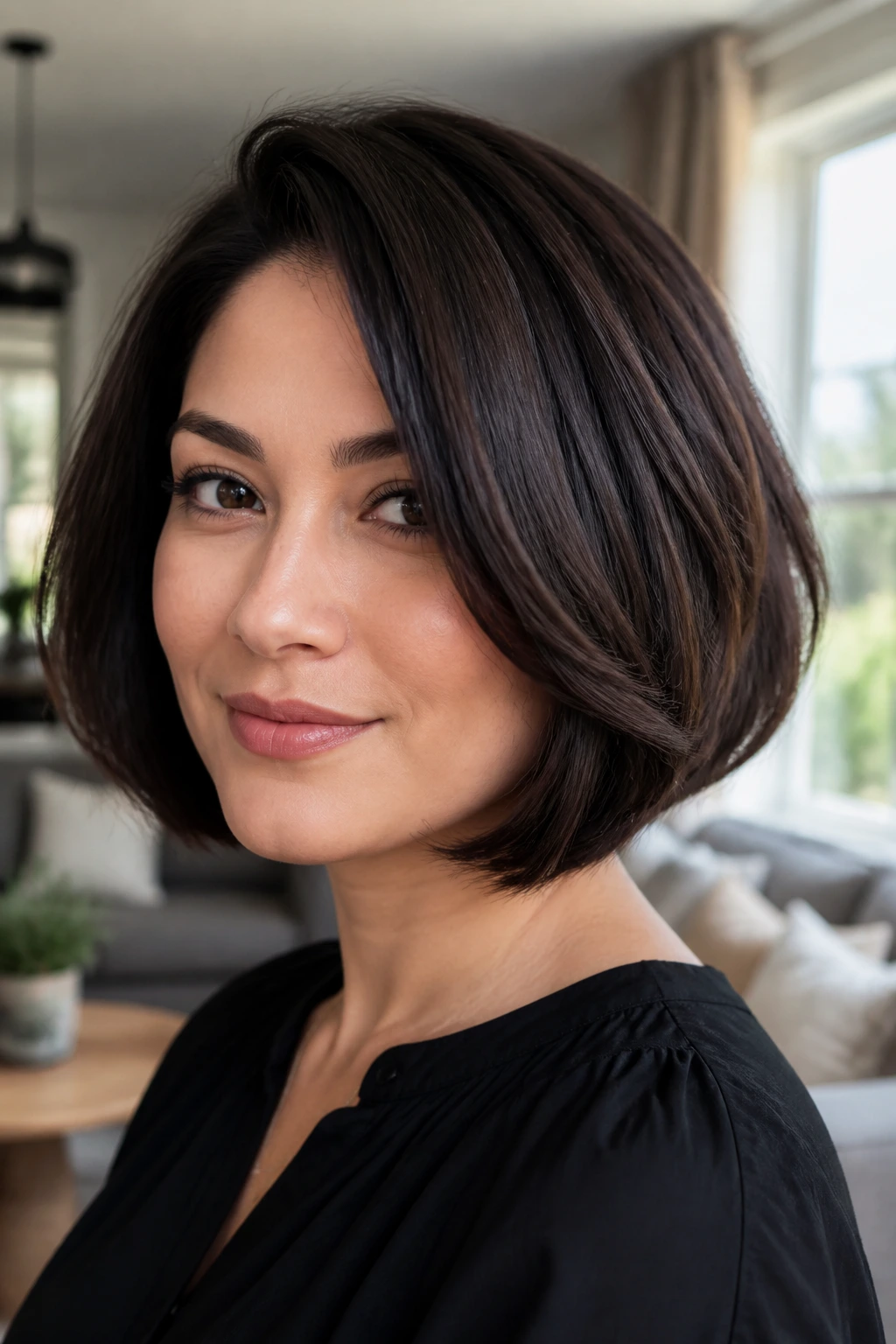 Real woman with versatile short bob showing texture variations