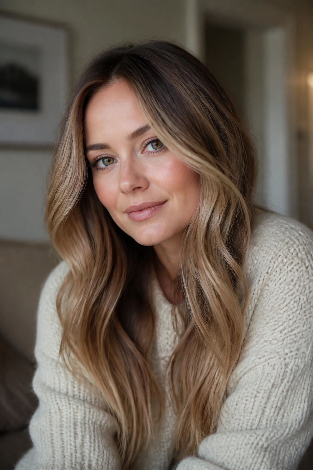 Real woman with cool-beige caramel hair framing the face in soft indoor light