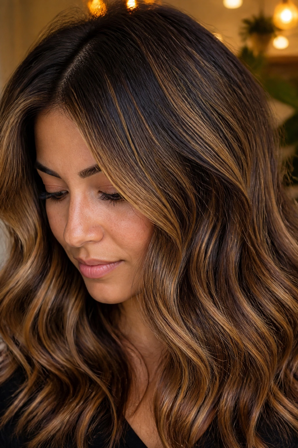 Close-up of chestnut caramel hair showing golden toffee and bronze variations