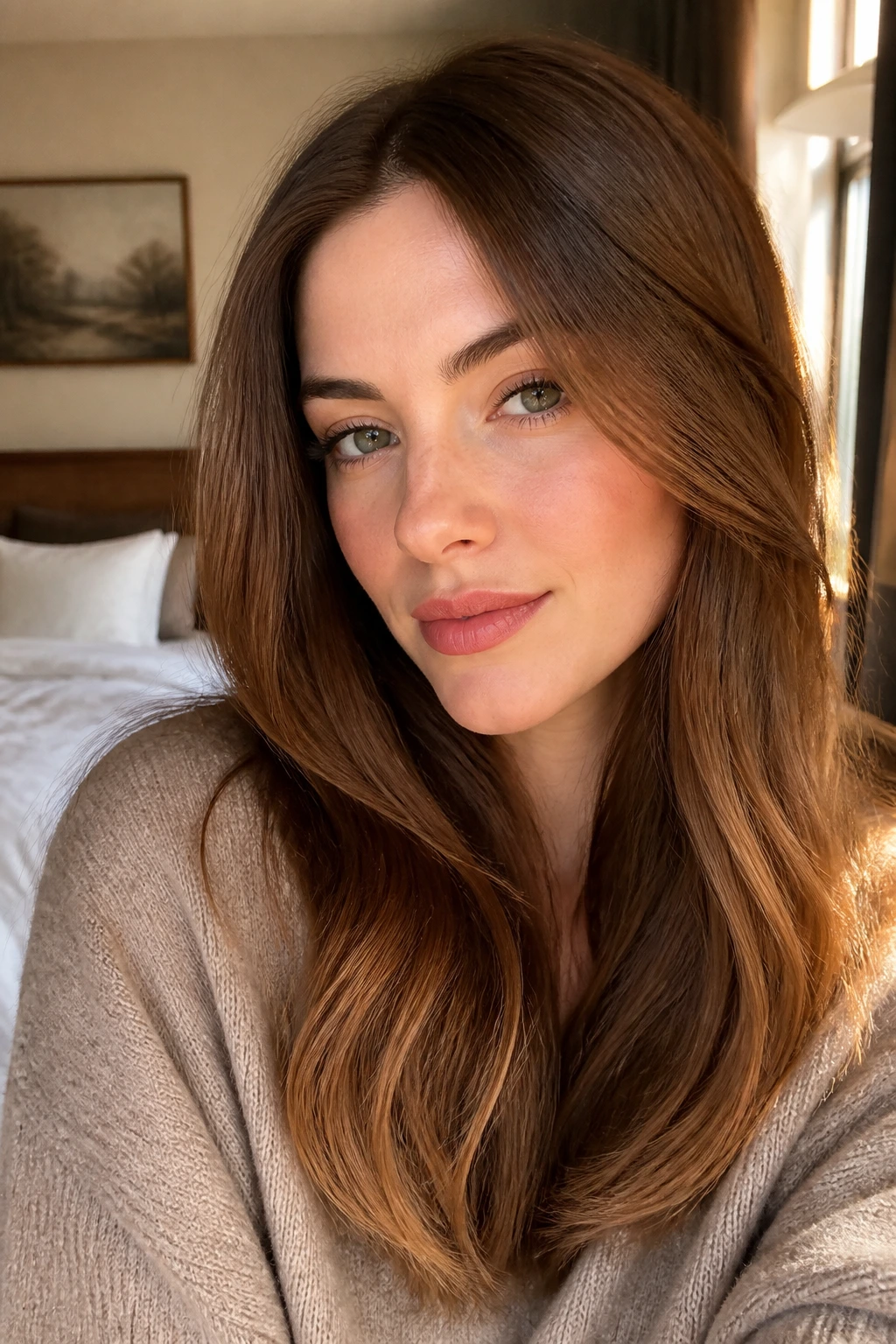 Close-up of chestnut caramel hair showing soft mids/end glaze on a real person