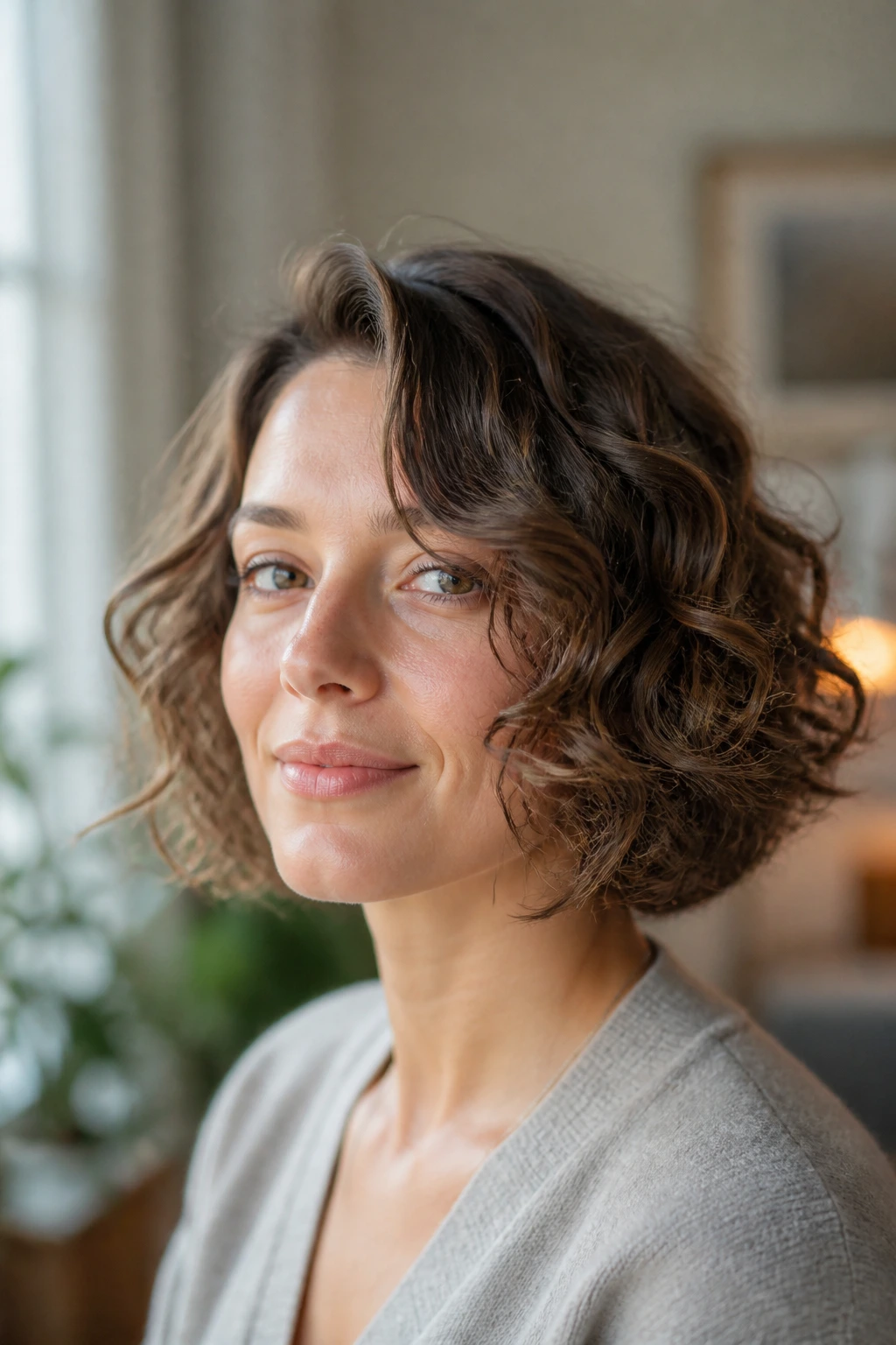 Portrait highlighting variations in chin-length curls with side part