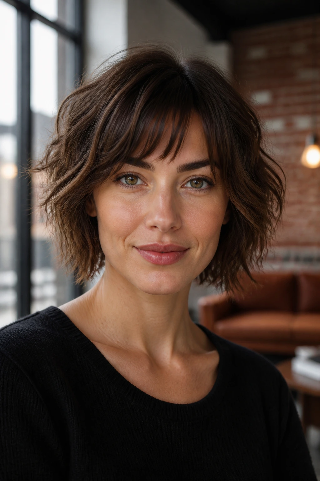 Portrait of a real woman with a choppy bob styled in a wearable variation