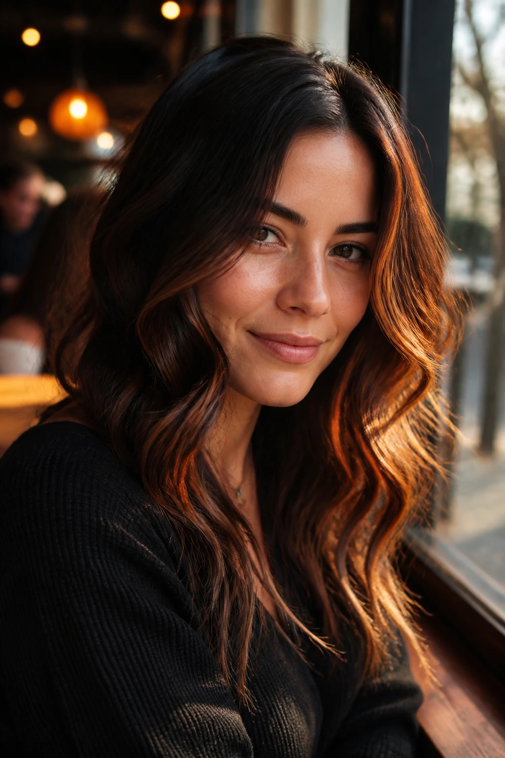 Close-up of a real woman with copper and espresso hair variations