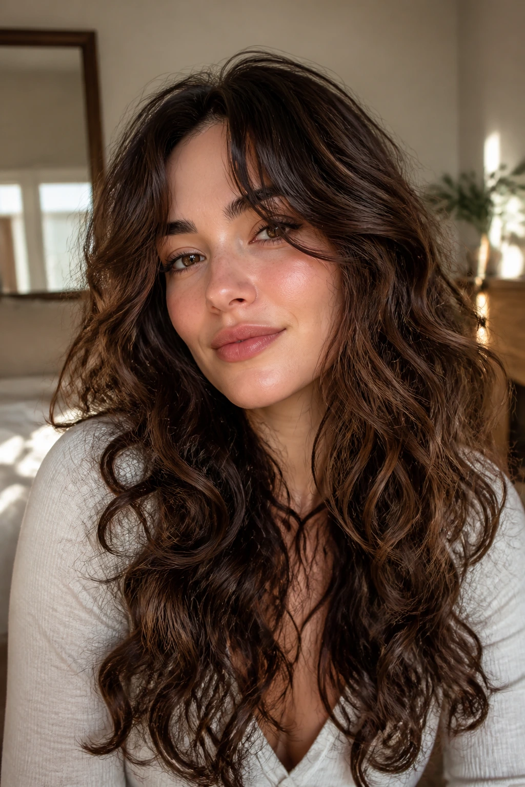 Close-up portrait of a woman with long layered curls and a soft face-frame hairstyle.
