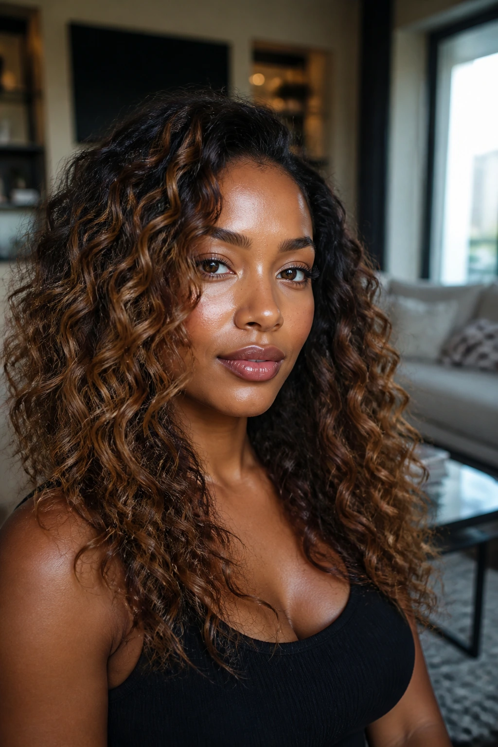Medium close-up of deep-skinned woman with multi-toned loose curls in daylight
