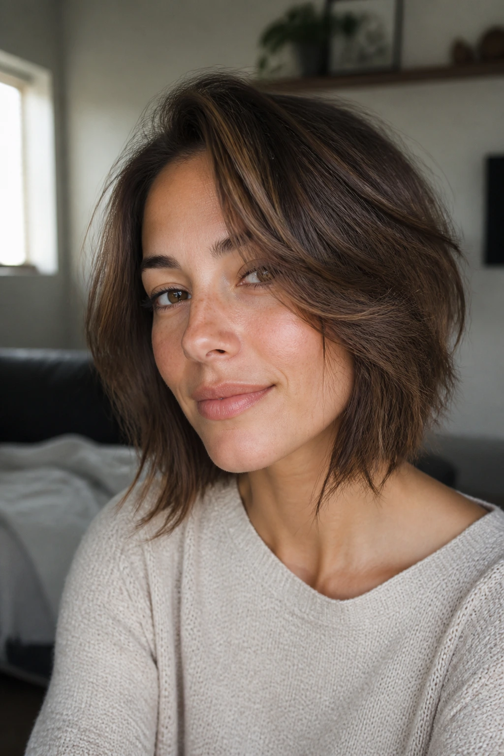 Portrait of grown-out curtain bangs styled in a side sweep