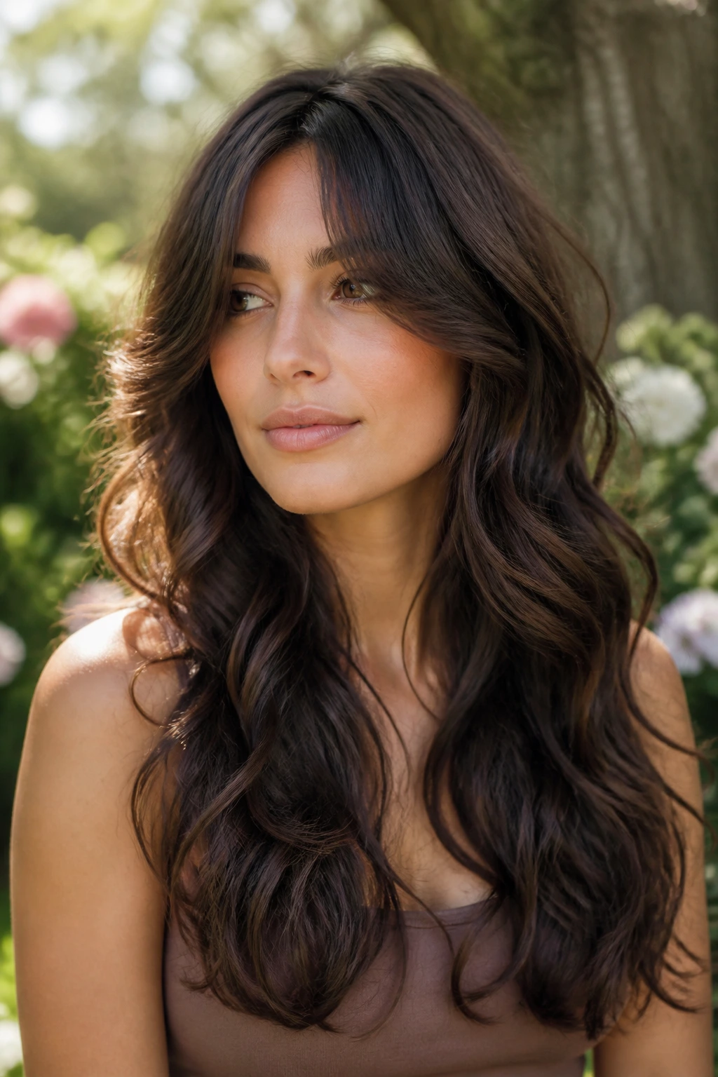 Portrait of a woman with long layered curls and face-framing pieces.