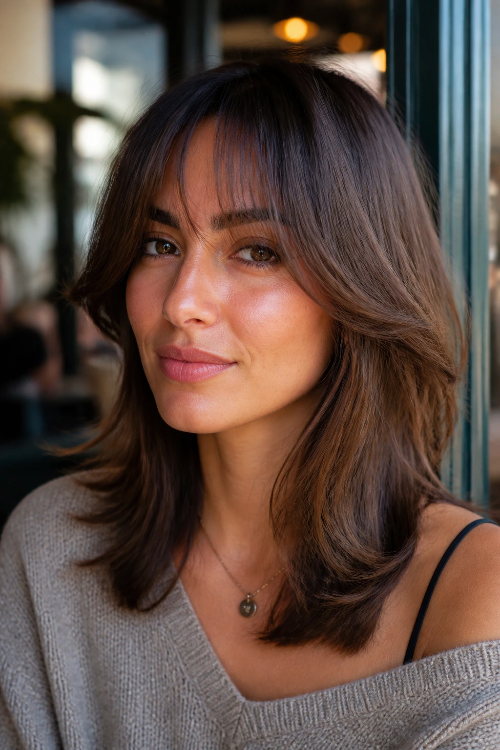 Portrait showing variations: long layers with curtain bangs