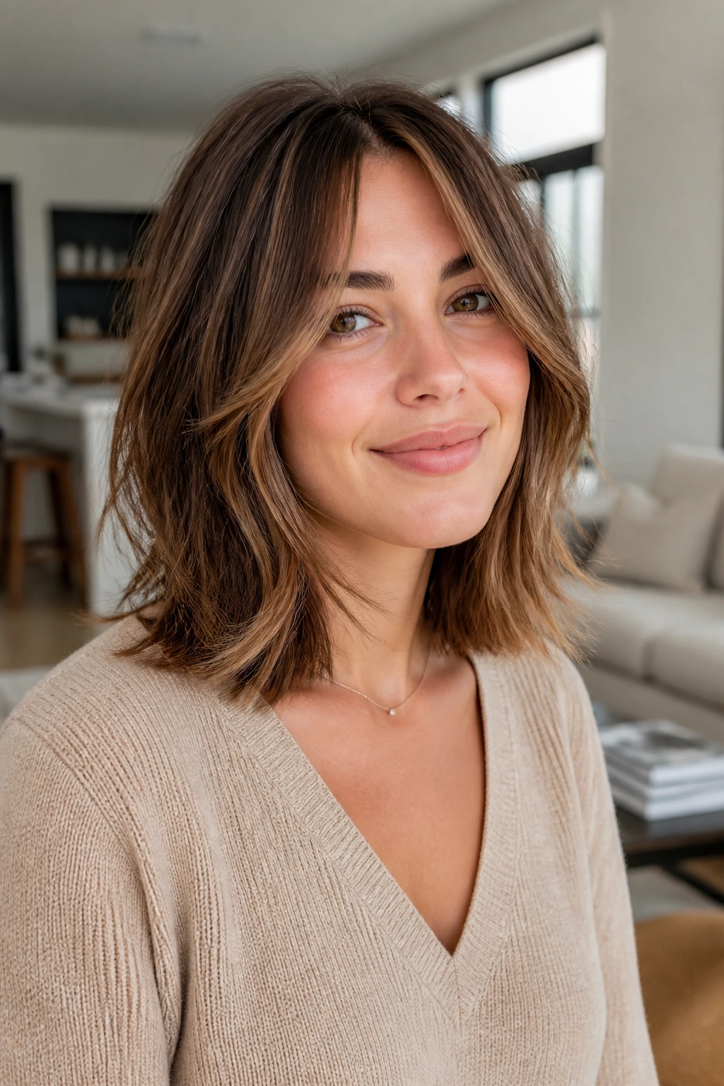 Close-up of a person with a versatile shoulder-length lob illustrating variations for different hair types and routines
